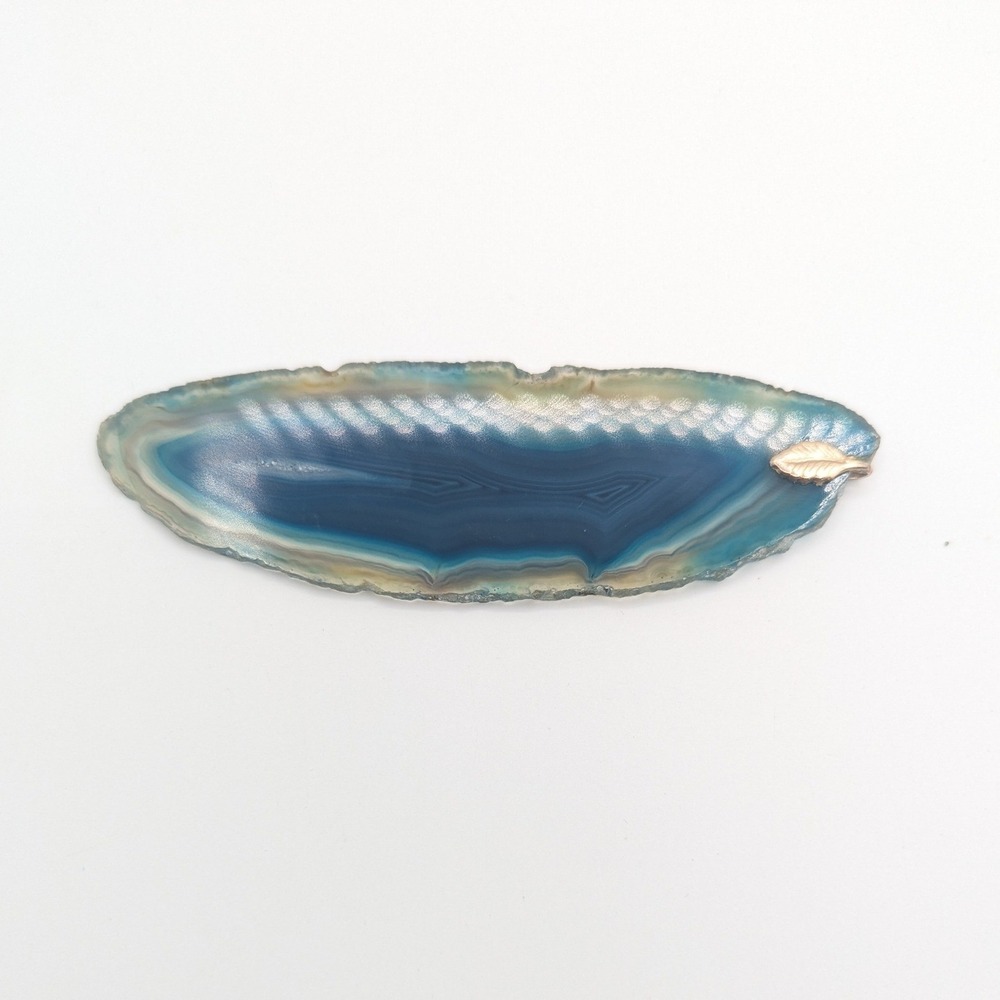 Vintage Blue Agate Slice Hair Clip Barrette Gold Leaf Accent Teal Geode Stone